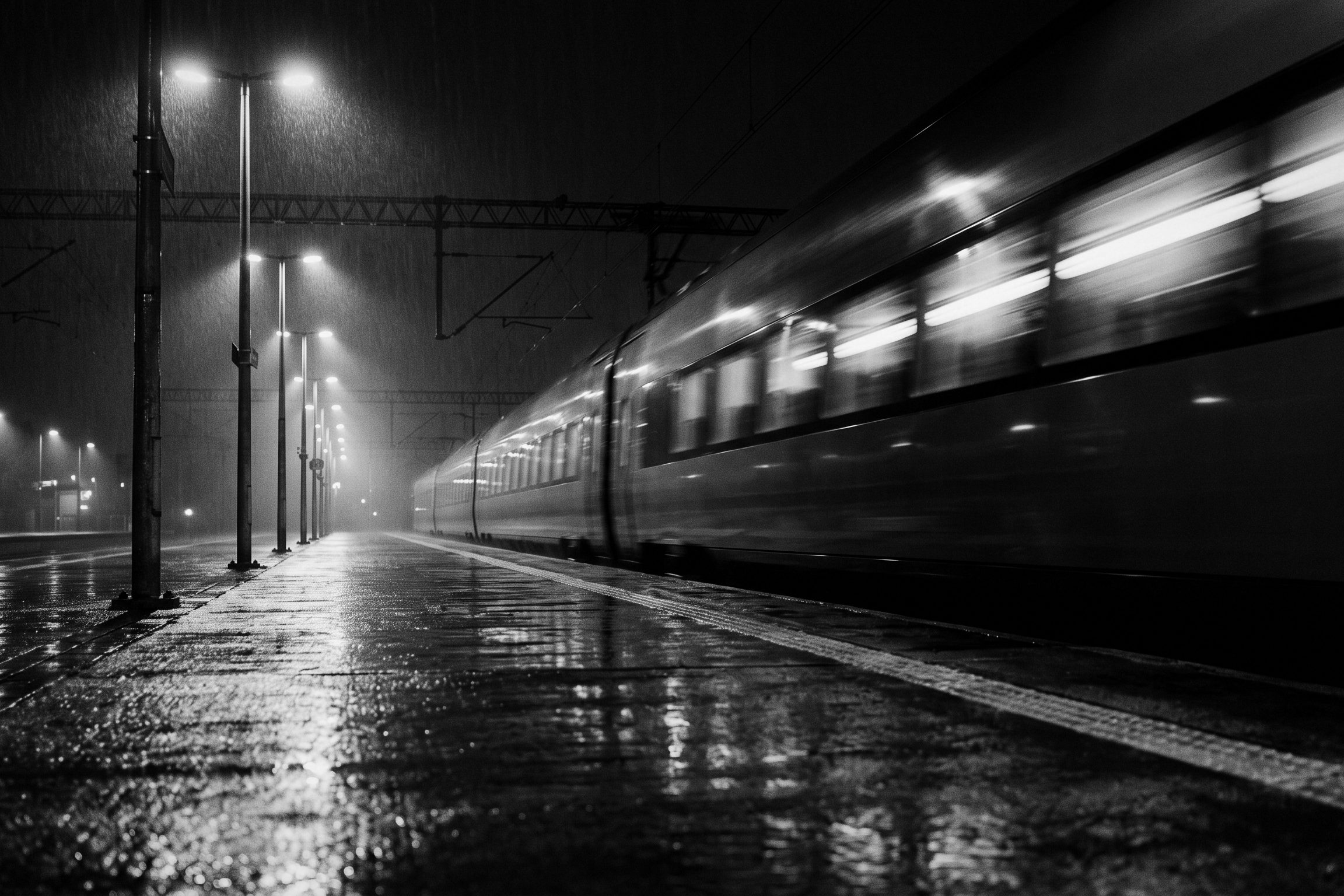 A train passes through an empty station without stopping.