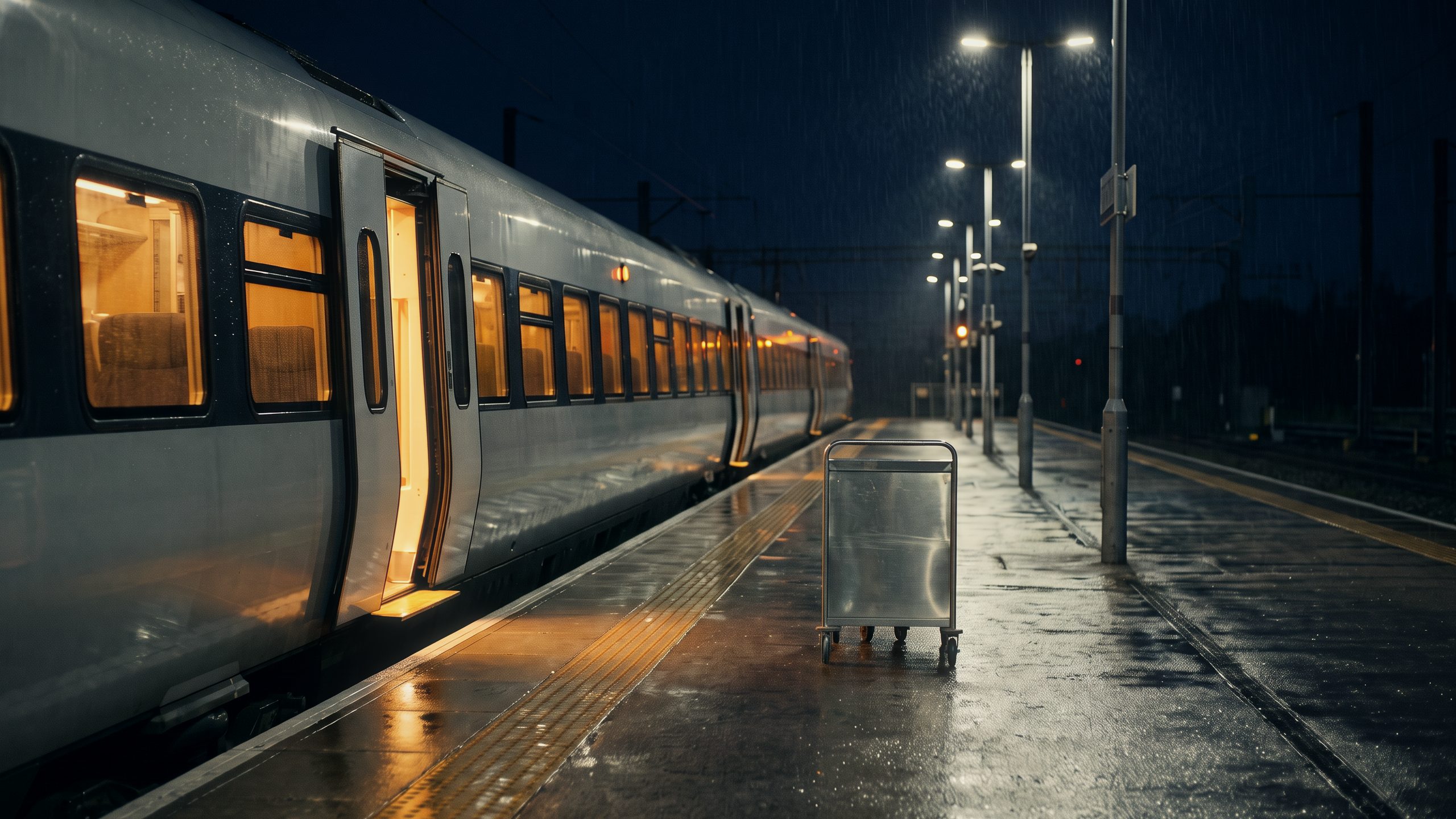 A catering trolley stands alone beside a train with an open door.