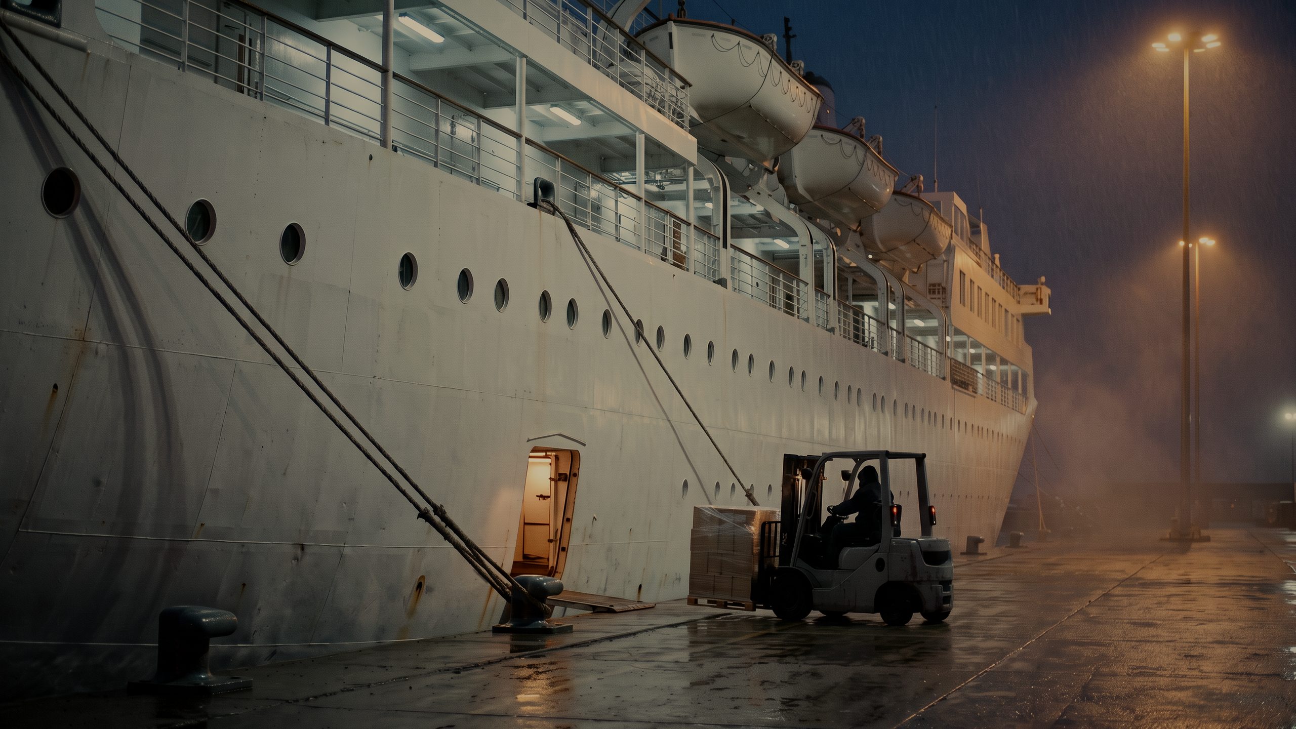 A forklift brings a wrapped pallet to the open side door of a ship at the quay.