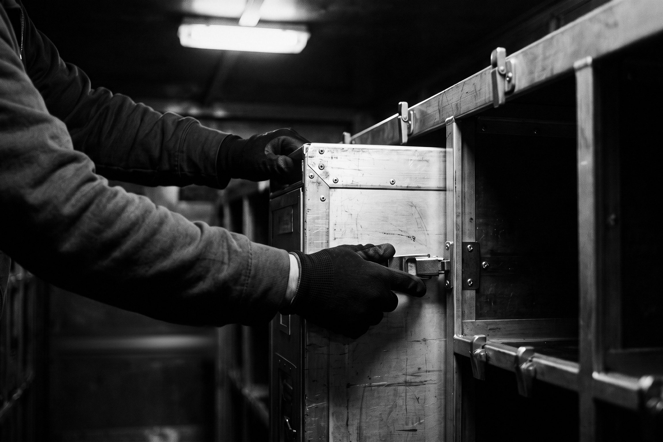 Gloved hands lock the door of a metal catering trolley.