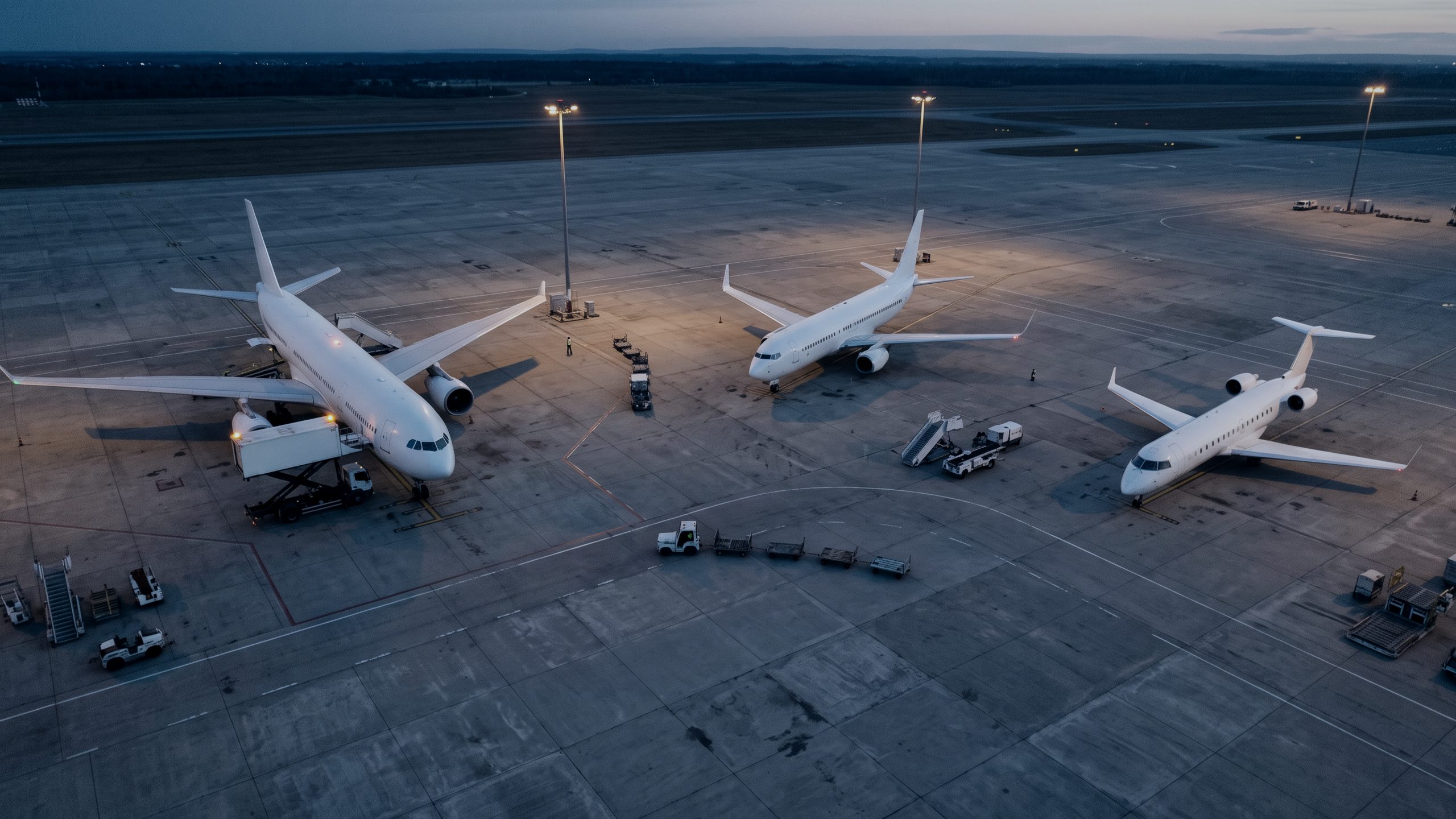 A catering truck at the front door of the largest of three aircraft on the apron.